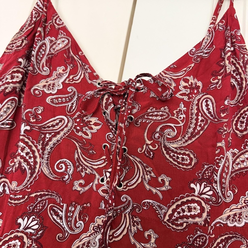 Forever 21 Dress Large Red Paisley Lace-Up Maxi Spaghetti Strap Sundress Boho